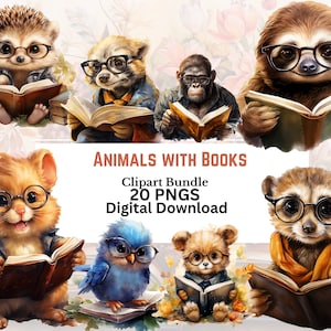 Animals With Books Clipart Bundle, Bookworm, Book Lover PNG, Scrapbook, Junk Journal, 300 DPI, Commercial Use