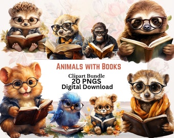 Op de afbeelding: Een digitale clipartbundel met 20 PNG-afbeeldingen met verschillende dieren die een bril dragen en boeken lezen. De dieren zijn onder andere een egel, een wasbeer, een aap, een luiaard, een hamster, een blauwe vogel en een beer. De tekst "Animals with Books" wordt bovenaan de afbeelding weergegeven, en de tekst "Clipart Bundle 20 PNGs Digital Download" wordt onder de dieren weergegeven.