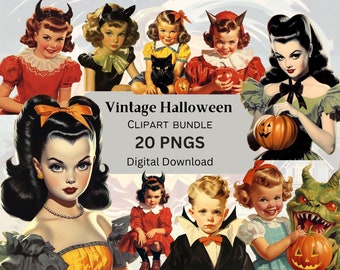 Vintage Halloween Kids Clipart Scrapbooking Junk Journal 300 DPI PNG + JPEGS Commercial Use