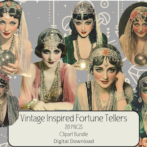 Paquete de imágenes prediseñadas de adivina, inspiración vintage, mujeres místicas, álbumes de recortes, diario basura, efímeras, descarga digital, uso comercial