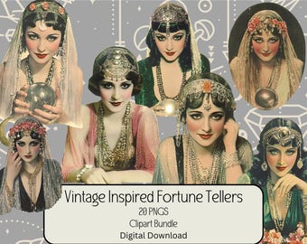 Fortune Teller Clipart Bundle, Vintage Inspired, Mystic Women, Scrapbooking, Junk Journal, Ephemera, Digital Download, Commercial Use
