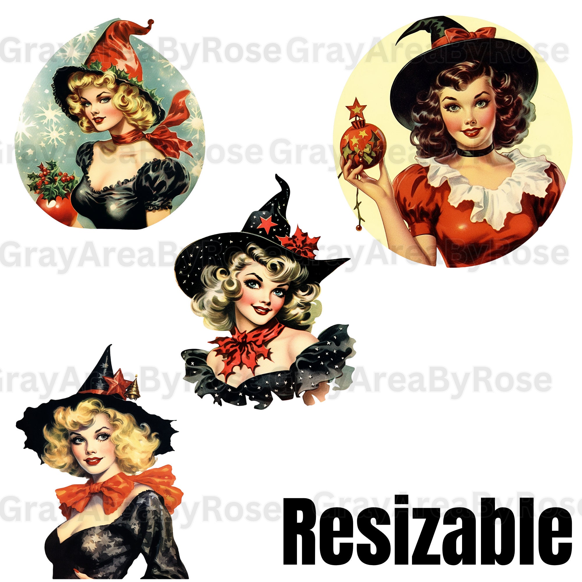 Christmas Vintage Witch Clipart Bundle, Pinup Style, 20 PNGS, Junk