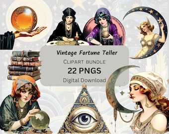 22 Vintage Fortune Teller Clipart| Transparent background| Resizable| 300 DPI| Commercial Use