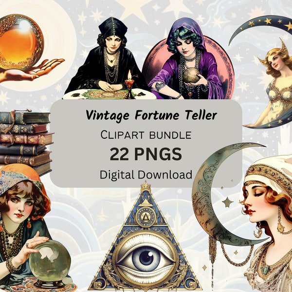 22 Vintage Fortune Teller Clipart| Transparent background| Resizable| 300 DPI| Commercial Use