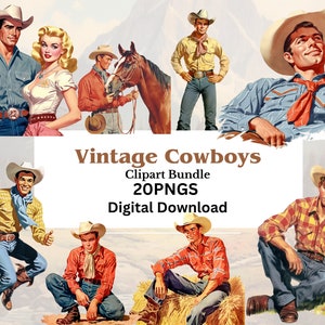 Vintage Cowboy Clipart Bundle, Scrapbooking, Junk Journal, 20 PNGs, transparenter Hintergrund, 300 DPI, kommerzielle Nutzung