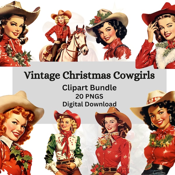 Christmas Vintage Cowgirls Clipart Bundle, Vintage Inspired Art, 20 PNGS, Junk Journal, Scrapbooking, Transparent Background, Commercial Use