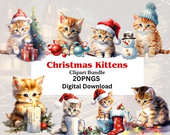 Aquarel kitten kerst clipart, 20 png-afbeeldingen (digitale download)