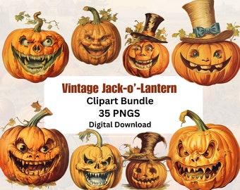 Vintage Jack-O'-Lantern Clipart Bundle, Spooky Halloween PNG (Digital Download)