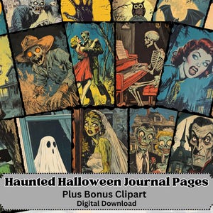 Pagine di diario di Halloween infestate, effimeri di ispirazione vintage, kit per diario di cianfrusaglie, 21 pagine, horror retrò, uso commerciale, download digitale