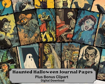 Haunted Halloween Junk Journal Pages, Vintage Inspired Ephemera, Junk Journal Kit, 21 Pages, Retro Horror, Commercial Use, digital download
