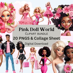 Pink Doll Clipart Scrapbooking Fussy Cut Invitation PNG + Bonus Collage Sheets Transparent Background