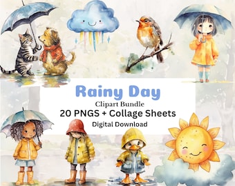 Watercolor Rainy Day Cozy Clipart Scrapbooking Junk Journal Invitations PNGS + Bonus Collage Sheets 300 DPI Commercial Use