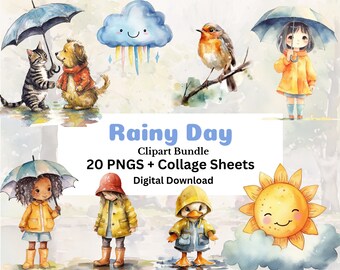 Watercolor Rainy Day Cozy Clipart Scrapbooking Junk Journal Invitations PNGS + Bonus Collage Sheets 300 DPI Commercial Use