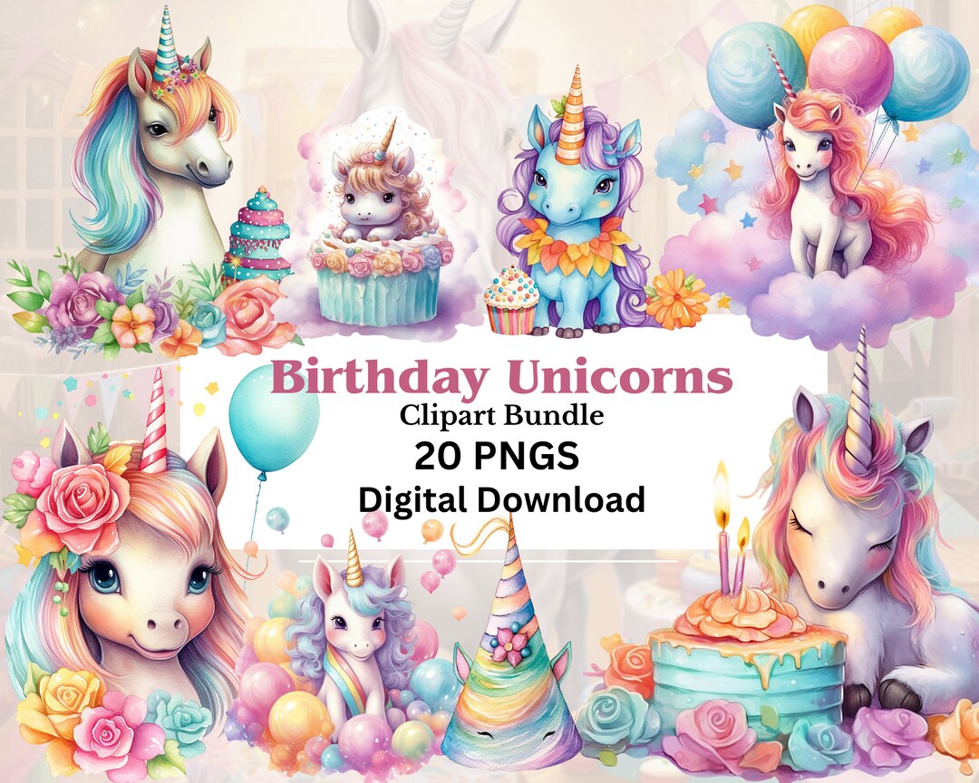 Birthday Unicorn Clipart Bundle, 20 PNG, Pastels, Fantasy Art ...