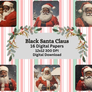 Pacote de papel digital para impressão de Papai Noel preto, diário de sucata, scrapbooking, materiais para fazer cartões, 300 DPI, JPEGs, itens efêmeros, uso comercial
