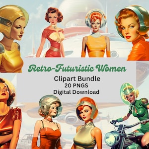 Retro-futuristische vrouwen clipartbundel, Atomic Age Art, Junk Journal, scrapbooking, png's, transparante achtergrond, commercieel gebruik