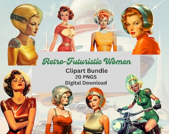 Retro-Futuristic Women Clipart Bundle, Atomic Age Art, Junk Journal, Scrapbooking, PNGs, Transparent Background, Commercial Use