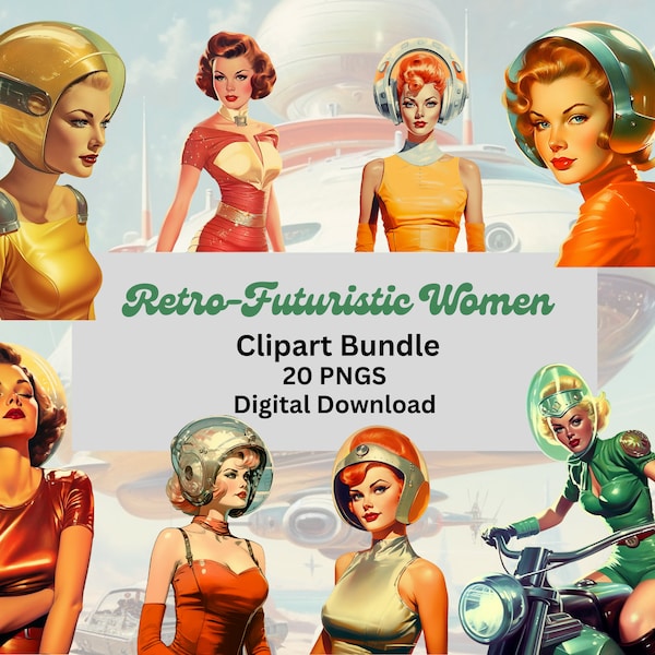 Retro-Futuristic Women Clipart Bundle, Atomic Age Art, Junk Journal, Scrapbooking, PNGs, Transparent Background, Commercial Use