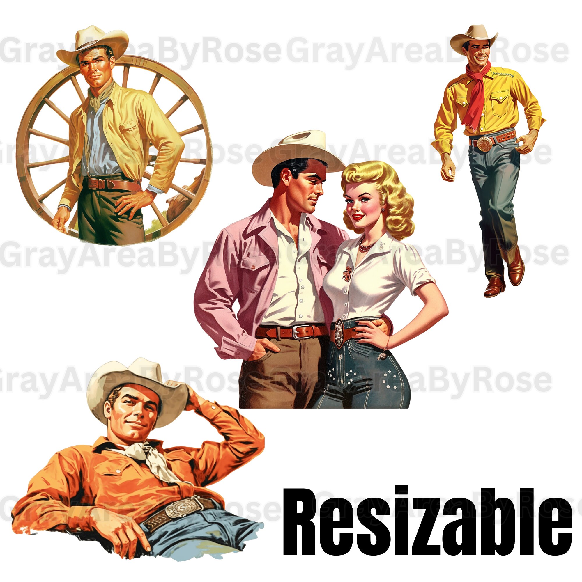 Vintage Cowboy Clipart Bundle, Scrapbooking, Junk Journal