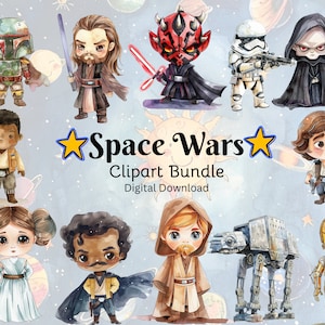 Pacchetto di clipart carine di Space Wars Chibi, spazio acquerello, festa nello spazio, inviti, diario di scarto, scrapbooking, download digitale