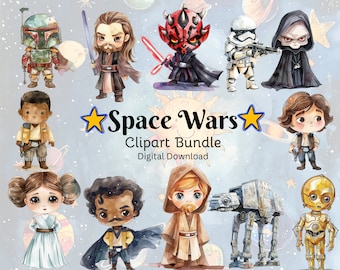 Watercolor Space Wars Chibi Clipart Bundle (Digital Download)