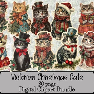 Lot de cliparts chat de Noël, inspiration vintage, chats victoriens, éphémères de Noël, journal indésirable, fournitures de scrapbooking, usage commercial