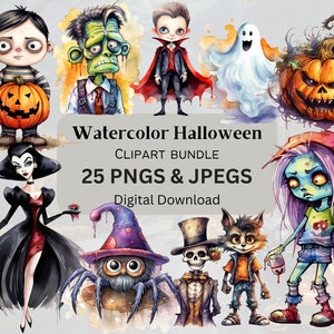 Watercolor Halloween Cute Clipart Junk Journal Scrapbooking Transparent Background 300 DPI Commercial Use