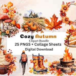 Aquarell Gemütlicher Herbst Clipart 25 PNG-Bilder + Bonus Blatt Scrapbooking Junk Journal Herbst Dekor Kommerzielle Nutzung 300 DPI