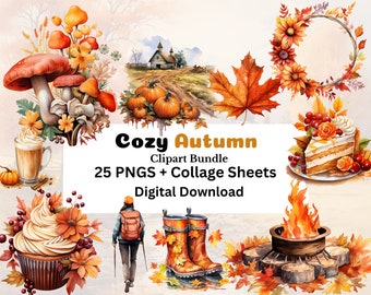 Watercolor Autumn Clipart Bundle, Cozy Fall PNG Images (Digital Download)