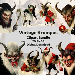 Krampus clipartbundel, vintage krampus, ephemera, gotische kerst, scrapbooking, junkjournaal, transparante achtergrond, commercieel gebruik