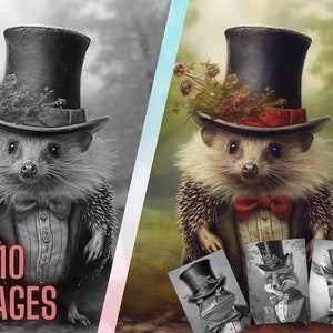 10 Animals wearing Top Hats| Cottagecore| Grayscale| Adult Coloring| Digital Download