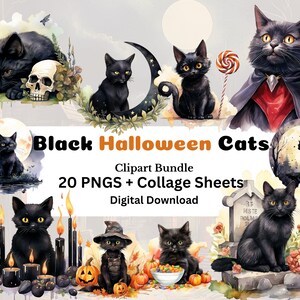 Halloween Black Cat Clipart Scrapbooking Junk Journal Invitations PNG + Bonus Collage Sheet 300 DPI Commercial Use