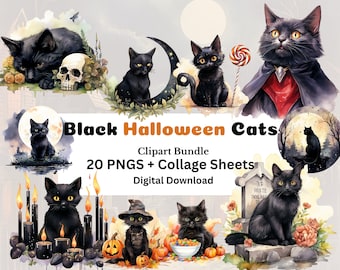 Watercolor Halloween Black Cat Clipart, Junk Journal PNG (Digital Download)