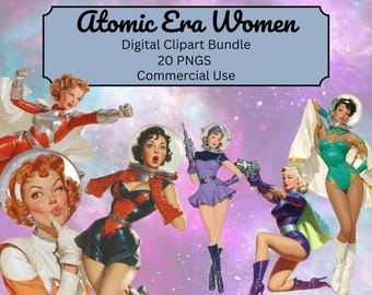 Retro Space Girl Clipart – 1950s Atomic Pin-Up Sci-Fi Women PNGs – Vintage Futuristic Sticker Art – Commercial Use