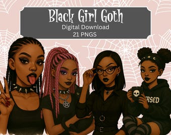 Black Goth Girl Clipart Bundle – 21 PNGs | Goth Aesthetic | Alternative Black Girl PNG | Dark Feminine Clipart | Transparent Background