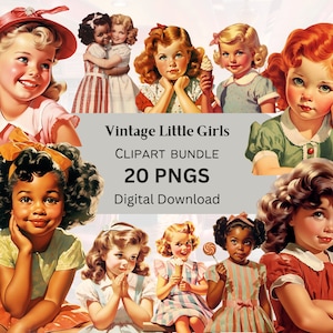 Vintage kleine meisjes-clipart| Plakboeken, ongewenste dagboeken| Transparante achtergrond| 300 dpi| png en jpeg-bestand| Gratis commercieel gebruik