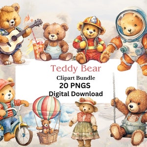Watercolor Teddy Bear Clipart Bundle, Scrapbooking, Junk Journal, PNGS, Fantasy Art, Transparent Background, Commercial Use