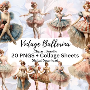 Ballerine vintage, graziose clipart, diario spazzatura, scrapbooking, PNG + foglio collage bonus, sfondo trasparente, uso commerciale
