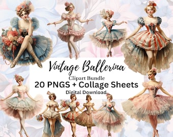 Vintage Ballerinas Cute Clipart Junk Journal Scrapbooking PNGS + Bonus Collage sheet Transparent Background Commercial Use