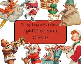 May include: A digital clipart bundle with vintage-inspired Christmas illustrations. The image features Santa Claus, elves, angels, reindeer, and gingerbread figures. Text on a red background reads "Vintage Inspired Christmas Digital Clipart Bundle 65 PNGs."