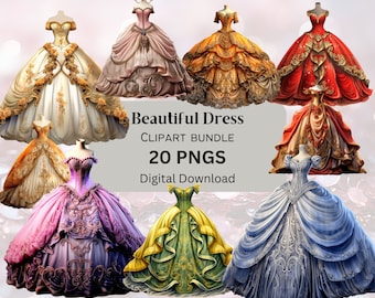 Beautiful Dress Ball Gown Clipart Junk Journal Scrapbooking Invitation PNG + JPEG Commercial Use