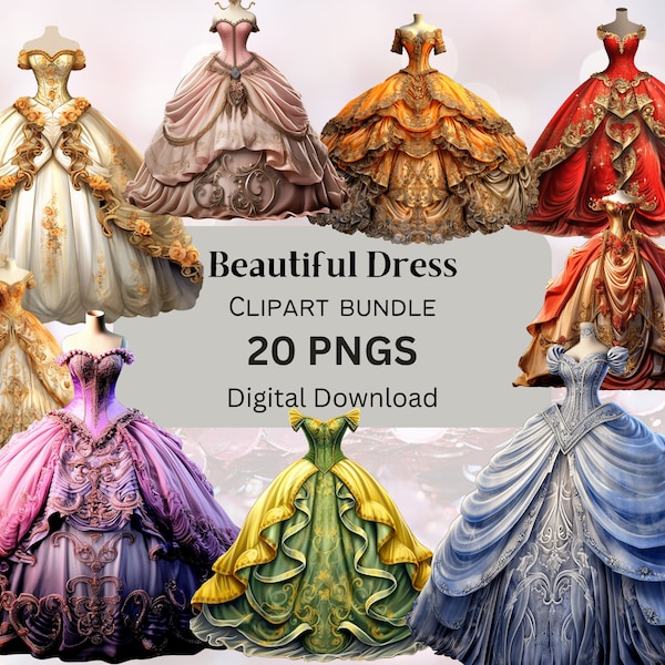 Beautiful Dress Ball Gown Clipart Junk Journal Scrapbooking Invitation PNG + JPEG Commercial Use