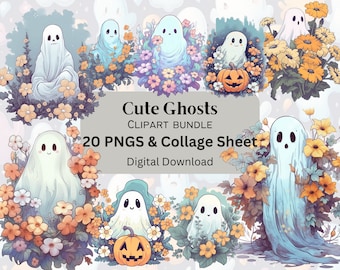 Halloween Ghost Clipart Scrapbooking Junk Journal 300 DPI PNGS + Bonus Collage Sheet Commercial Use