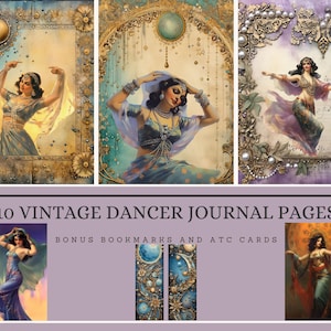 Pages imprimables vintage du journal de la malbouffe des danseuses orientales + marque-pages cartes ATC BONUS, papiers numériques pour scrapbooking téléchargement immédiat