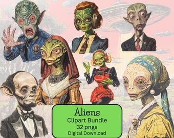 Alien Clipart Bundle, Vintage Inspired, UFO, Funny Alien, Supernatural PNG, Transparent Background, Commercial Use