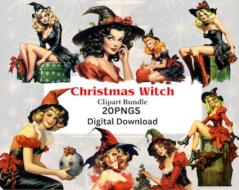 Clipart kerstheks ee, vintage stijl png-bundel (digitale download)
