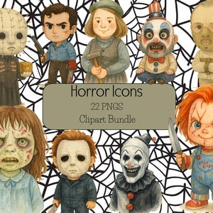 Pacote de clipart de ícones de terror, adorável chibi aquarela, vilões PNG, filmes de terror, fundo transparente, 300 DPI