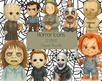 Horror Icons Clipart Bundle, Adorable Watercolor Chibi, Villains PNG, Scary Movies, Transparent Background, 300 DPI