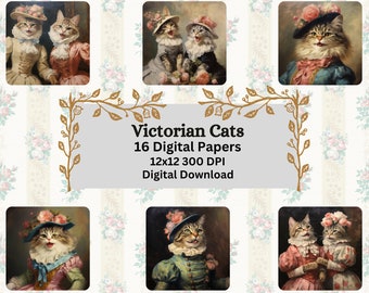 Victorian Cat Oil Painting Digital Paper Pack, Ephemera (Digital Download)