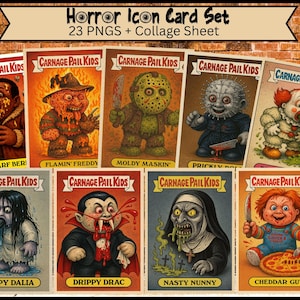 Carnage-emmer kinderhorrorruilkaarten – parodiepictogrammen uit de jaren 80, 23 png-bestanden + collagebladen, digitale download voor stickers en tijdschriften